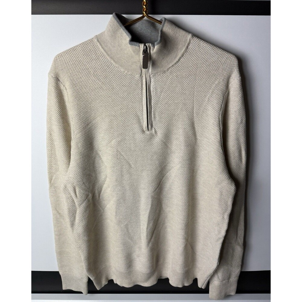 Magaschoni Men's Beige 1/4 Zip Mock Neck Knit Pullover Sweater Size L